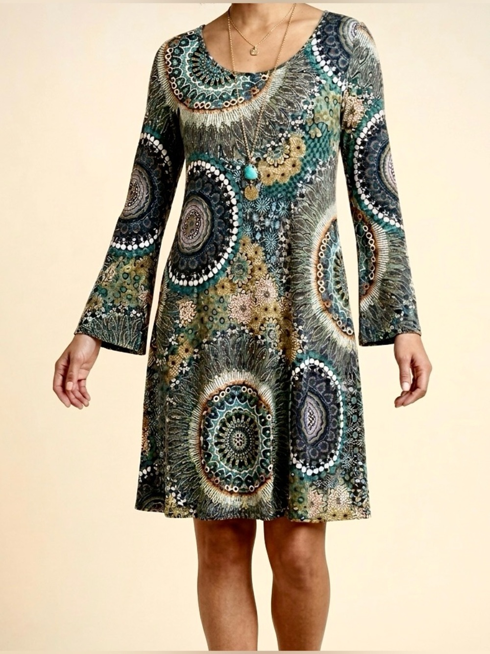 Salaam Lucy Tunic Dress 3/4 Sleeve Teal Mandala Medallion Boho Stretch Rayon M